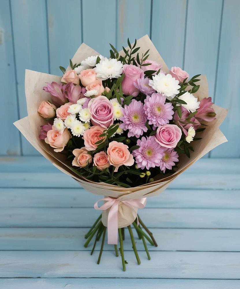 Букет цветов из: Хризантемы, Розы и Альстромерии в Саяногорске