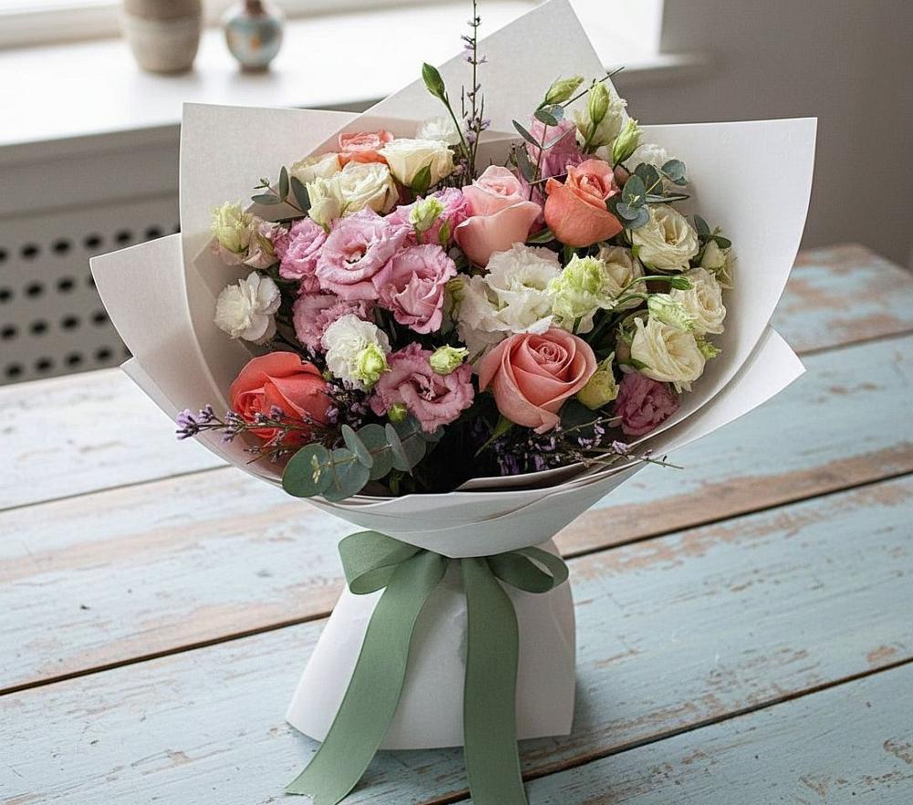 Букет цветов из: Розы, Лизиантусы и Гвоздики в Саяногорске