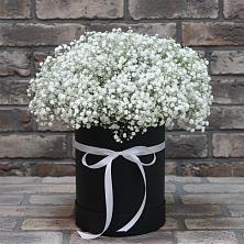 Цветочная композиция из Гипсофила в шляпной коробке в Саяногорске