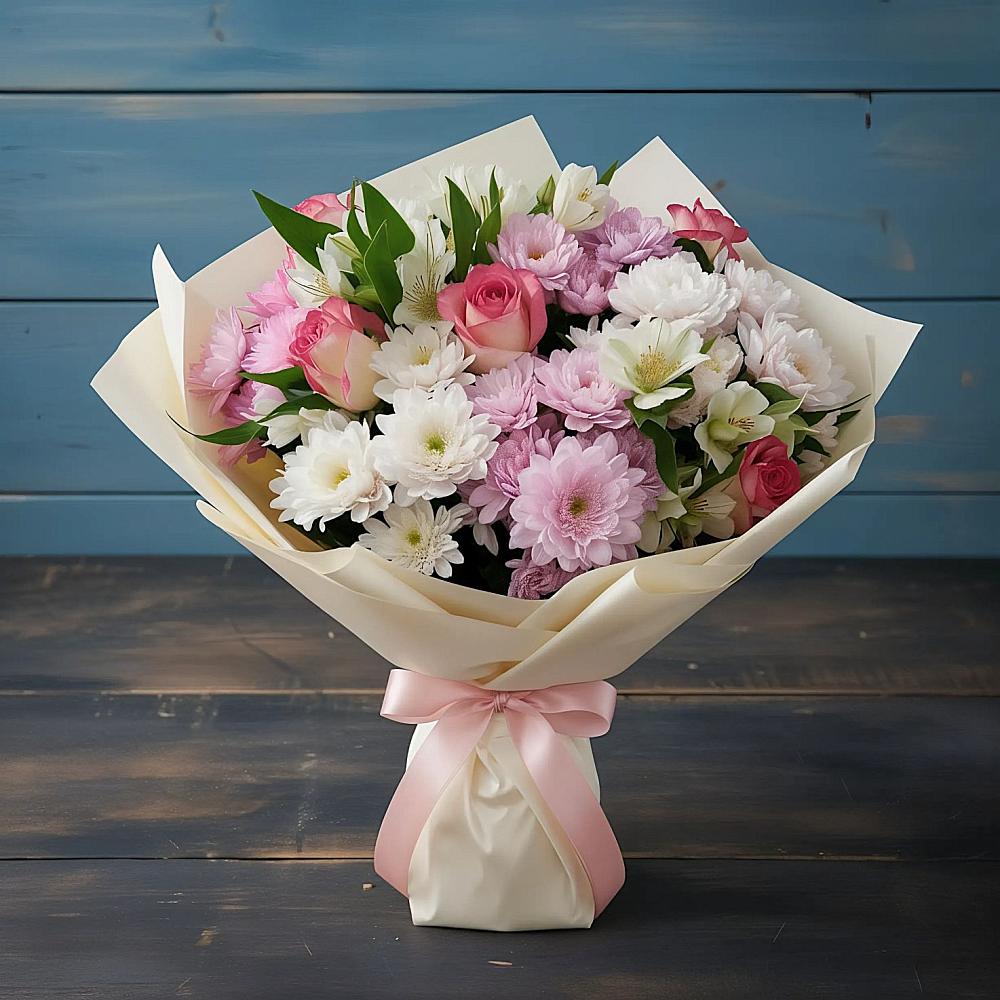 Букет цветов из: Хризантемы, Альстромерии и Розы в Саяногорске